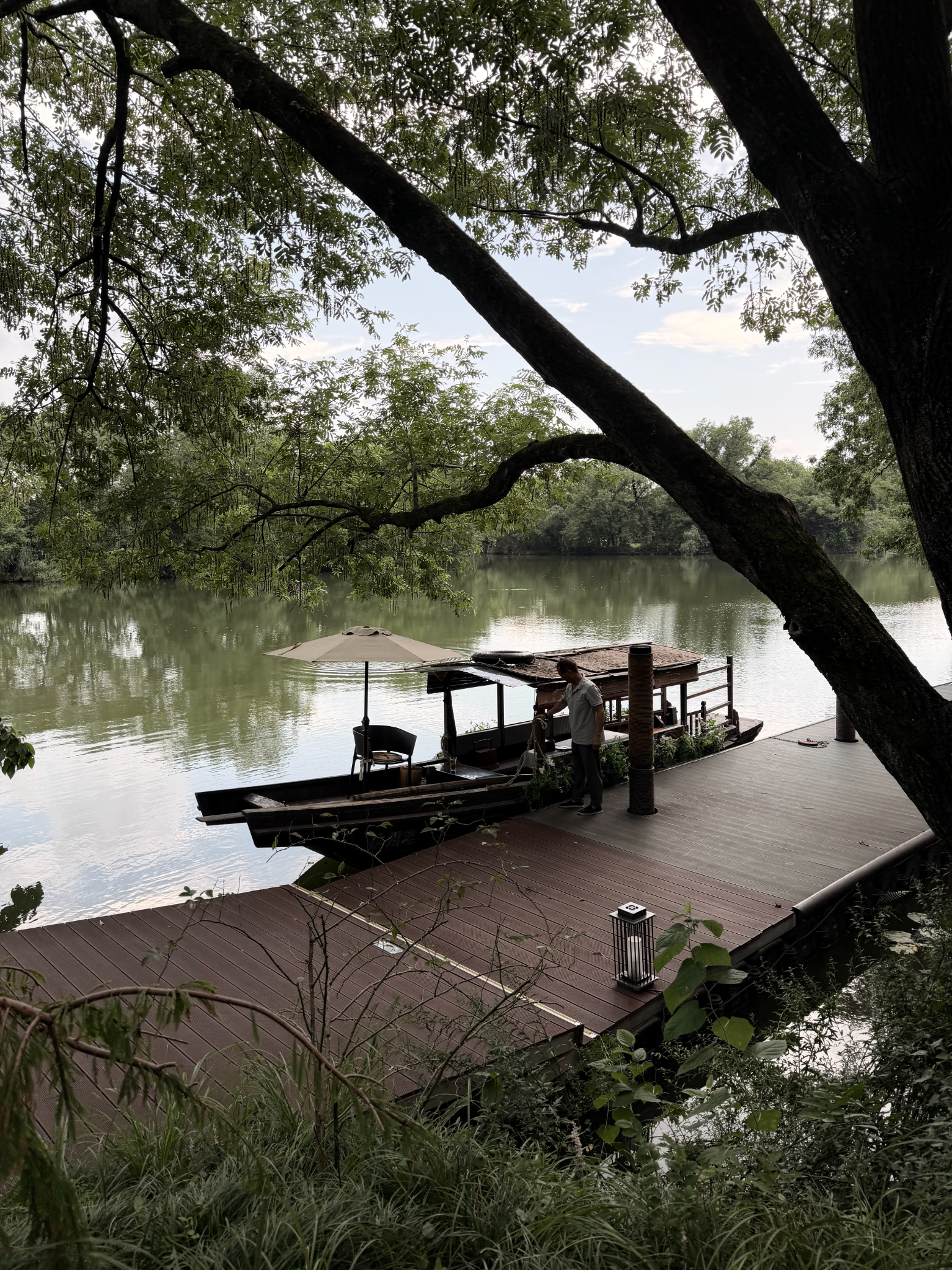 Boat beside a tree-lined river